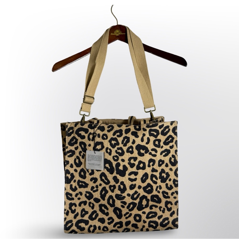 America & Beyond Leopard Print Jute Tote Bag NWT Animal Print Large - Picture 3 of 6